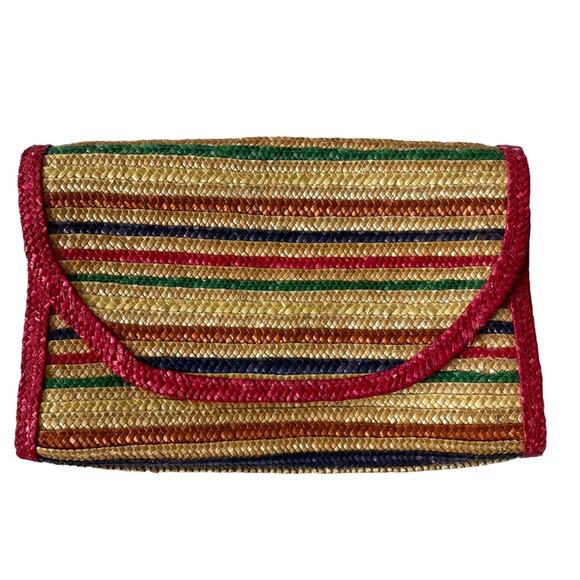 Vintage 1980s Rattan Envelope Clutch Large Rainbow Stripe Made in Hong Kong GUC - Picture 3 of 8